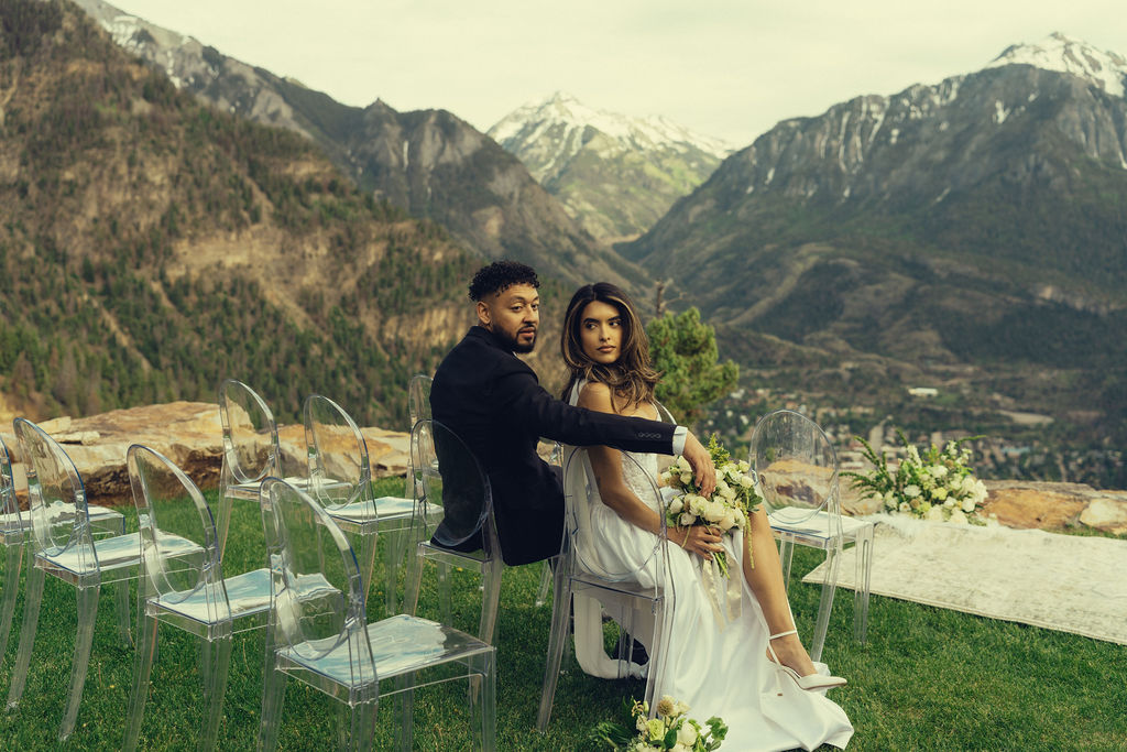 stunning bride and groom pose together during their Colorado wedding day