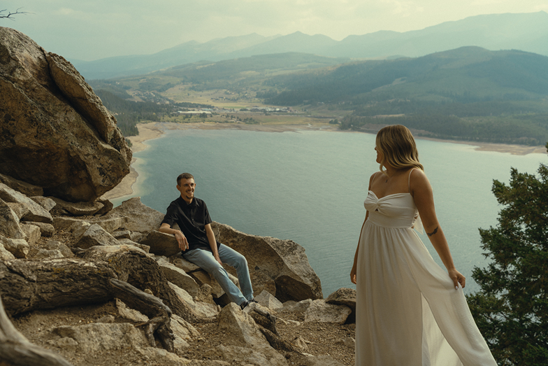 stunning couple pose together near Dillon Lake in Colorado during their Lake Dillon engagement photos