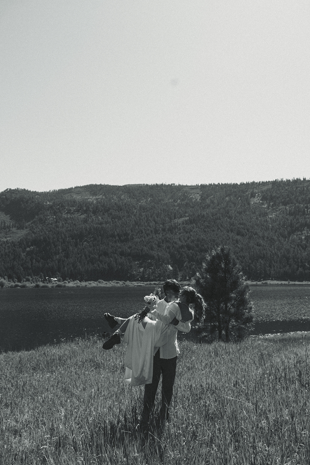 groom carries his bride in the field by the lake